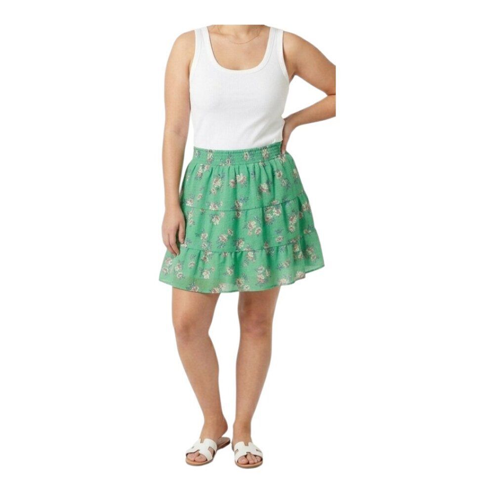 LOFT Bloom Ruffle Tiered Skirt Spring Green Floral Flowy Flirty Fun Pull On L
